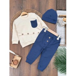 Bereli Omuzdan Çıtçıtlı Badi Uzun Alt Düğme Aksesuarlı Mevsimlik 3 lü Erkek Bebek Takım