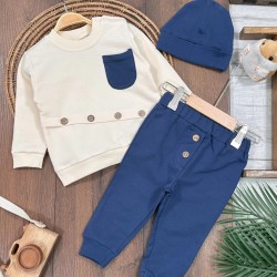 Bereli Omuzdan Çıtçıtlı Badi Uzun Alt Düğme Aksesuarlı Mevsimlik 3 lü Erkek Bebek Takım