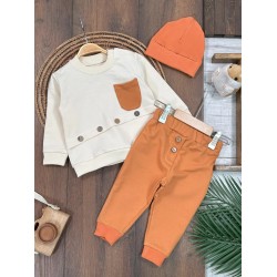 Bereli Omuzdan Çıtçıtlı Badi Uzun Alt Düğme Aksesuarlı Mevsimlik 3 lü Erkek Bebek Takım