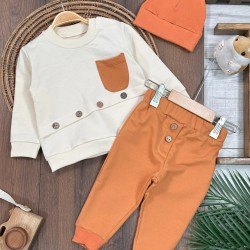 Bereli Omuzdan Çıtçıtlı Badi Uzun Alt Düğme Aksesuarlı Mevsimlik 3 lü Erkek Bebek Takım