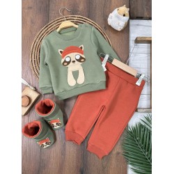 3 İplik İçi Şardonlu Panduf Patikli Rakun Figürlü Omuzdan Çıtçıtlı Kışlık Erkek Bebek Takım