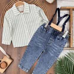 Keten Çizgili Gömlek Askı Kemerli Likralı Kot Pantolon Erkek Bebek Takım (alt/üst )