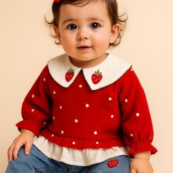 Çilek Fisto Yakalı Puantiyeli Müslin Uzun Kollu Üst Kot Pantolonlu Kız Bebek Takım