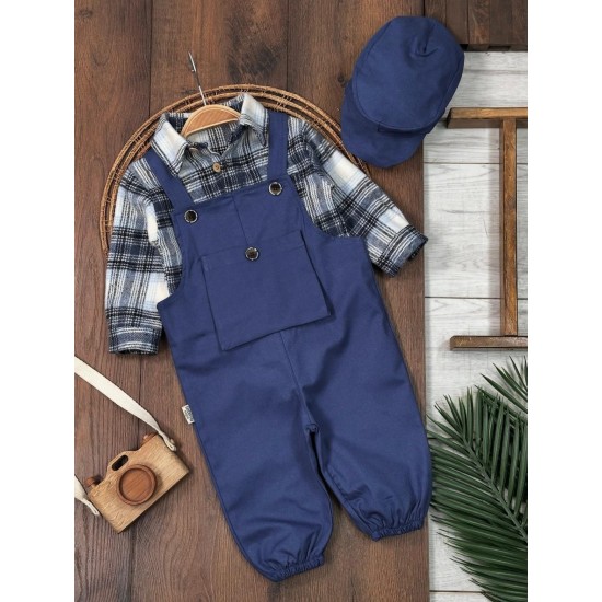 Oduncu Gömlekli Gabardin Salopet Takım Kasketli Erkek Bebek Takım