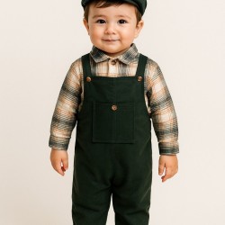 Oduncu Gömlekli Gabardin Salopet Takım Kasketli Erkek Bebek Takım