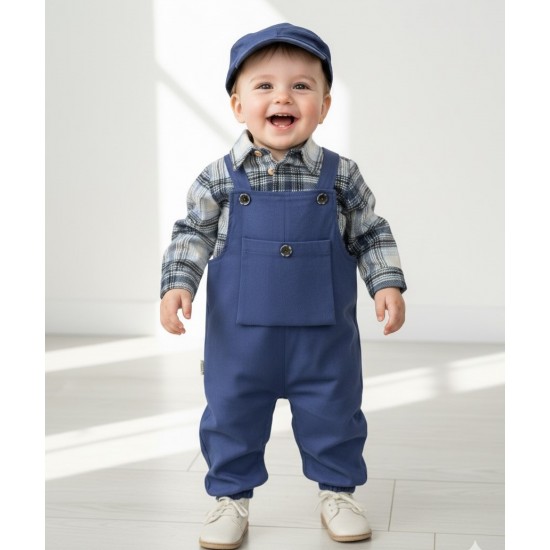Oduncu Gömlekli Gabardin Salopet Takım Kasketli Erkek Bebek Takım
