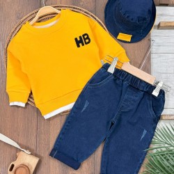 HB Nakış Detaylı Sweatshirt Likralı Kot Pantolon Şapkalı 3 lü Erkek Bebek ve Çocuk Takım