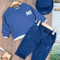 HB Nakış Detaylı Sweatshirt Likralı Kot Pantolon Şapkalı 3 lü Erkek Bebek ve Çocuk Takım