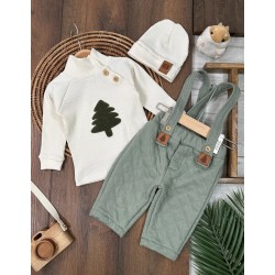 Kapitone Salopet Fitilli Kumaş Badi ve Şapkalı Nakış Detaylı 3lü Kışlık Erkek Bebek Takım