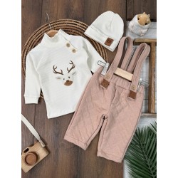 Kapitone Salopet Fitilli Kumaş Badi ve Şapkalı Nakış Detaylı 3lü Kışlık Erkek Bebek Takım