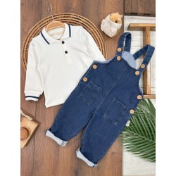 Salopet Likralı Kot Polo Yaka Sweatshirt Düğmeli Salopet Erkek Bebek Takım