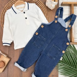 Salopet Likralı Kot Polo Yaka Sweatshirt Düğmeli Salopet Erkek Bebek Takım
