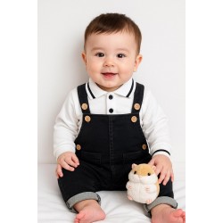 Salopet Likralı Kot Polo Yaka Sweatshirt Düğmeli Salopet Erkek Bebek Takım