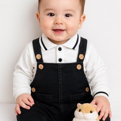 Salopet Likralı Kot Polo Yaka Sweatshirt Düğmeli Salopet Erkek Bebek Takım