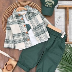 Newyork Oduncu Ceketli Omuzdan Çıtçıtlı Badi Şapkalı Sokak Tarzı 4lü Erkek Bebek ve Çocuk Takım