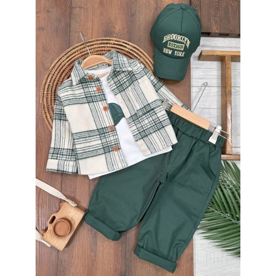 Newyork Oduncu Ceketli Omuzdan Çıtçıtlı Badi Şapkalı Sokak Tarzı 4lü Erkek Bebek ve Çocuk Takım
