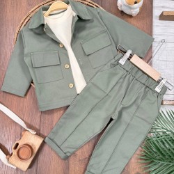 Likralı Gabardin Takım Omuzdan Çıtçıtlı Uzun Kollu Badi 3lü Erkek Bebek Takım