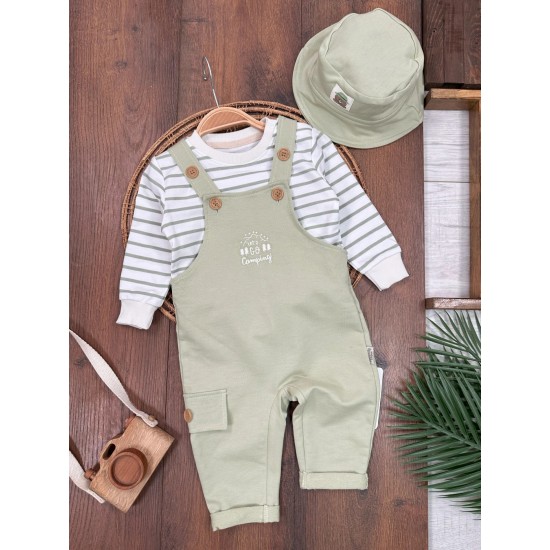 Şapka Detaylı Çizgi Baskılı Omuzdan Çıtçıtlı Badi Askılı Salopet Kampçı Nakışlı Erkek Bebek Takım
