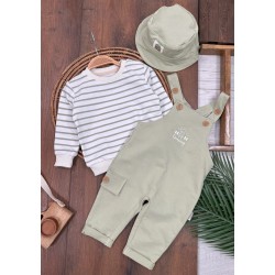Şapka Detaylı Çizgi Baskılı Omuzdan Çıtçıtlı Badi Askılı Salopet Kampçı Nakışlı Erkek Bebek Takım