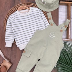 Şapka Detaylı Çizgi Baskılı Omuzdan Çıtçıtlı Badi Askılı Salopet Kampçı Nakışlı Erkek Bebek Takım