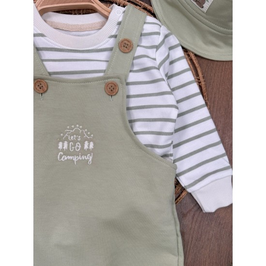 Şapka Detaylı Çizgi Baskılı Omuzdan Çıtçıtlı Badi Askılı Salopet Kampçı Nakışlı Erkek Bebek Takım
