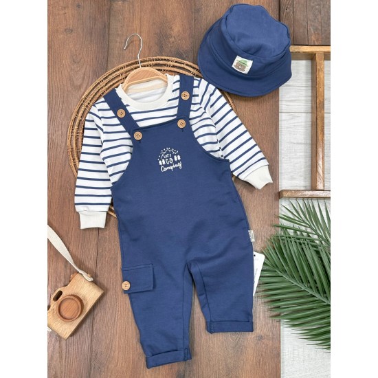 Şapka Detaylı Çizgi Baskılı Omuzdan Çıtçıtlı Badi Askılı Salopet Kampçı Nakışlı Erkek Bebek Takım