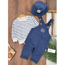 Şapka Detaylı Çizgi Baskılı Omuzdan Çıtçıtlı Badi Askılı Salopet Kampçı Nakışlı Erkek Bebek Takım