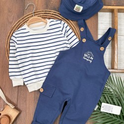 Şapka Detaylı Çizgi Baskılı Omuzdan Çıtçıtlı Badi Askılı Salopet Kampçı Nakışlı Erkek Bebek Takım
