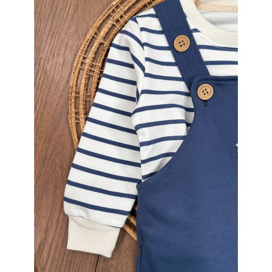 Şapka Detaylı Çizgi Baskılı Omuzdan Çıtçıtlı Badi Askılı Salopet Kampçı Nakışlı Erkek Bebek Takım