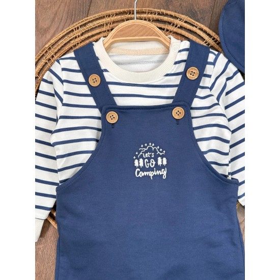 Şapka Detaylı Çizgi Baskılı Omuzdan Çıtçıtlı Badi Askılı Salopet Kampçı Nakışlı Erkek Bebek Takım