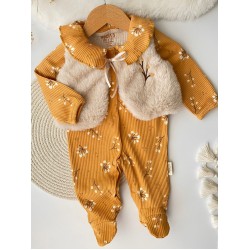 Peluş Yelekli Çiçek Desenli Fitilli Esnek Kumaş Çıtçıtlı Patikli 2li Set Kız Bebek Tulum