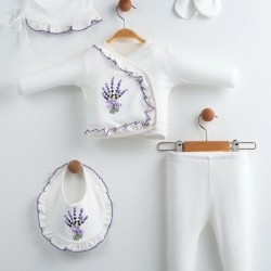 Lavanta Nakışlı %100 Pamuk 5li Set Hastane Çıkışı Yenidoğan Kız Bebek